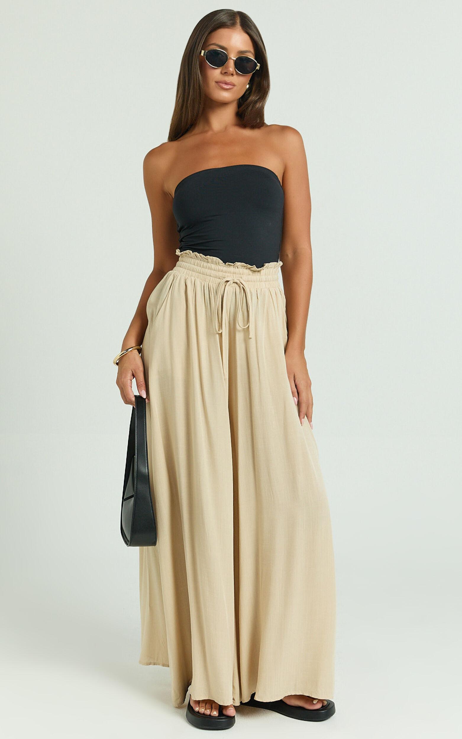 Hany Pants - High Waist Drawstring Wide Leg Pants in Stone Product Image
