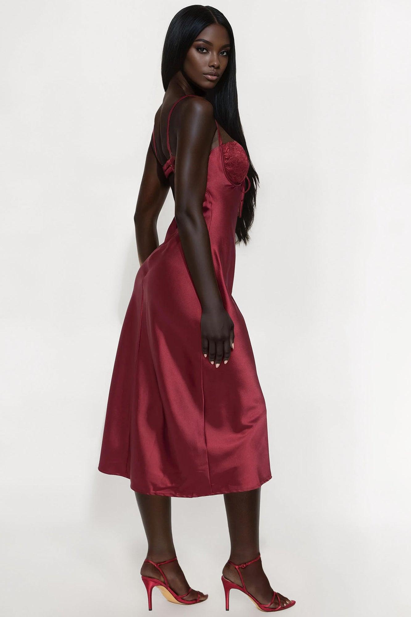Purely Passionate Satin Midi Dress - Wine Female Product Image