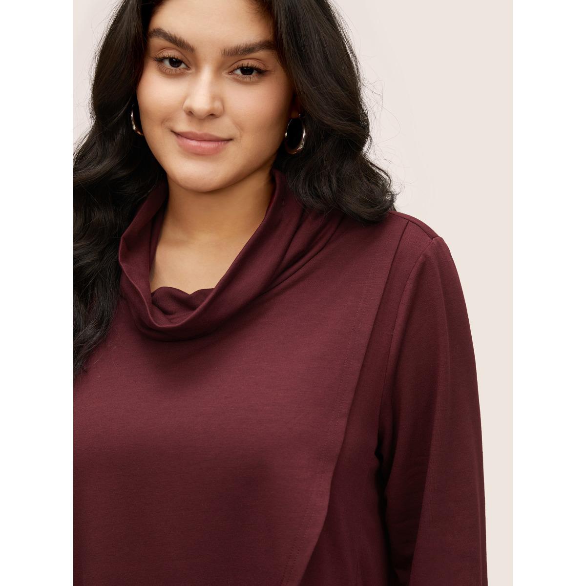 Plus Size Solid Turtleneck Pocket Wrap Hem Sweatshirt Women Burgundy Casual Non Turtleneck Everyday Sweatshirts BloomChic 10/M Product Image