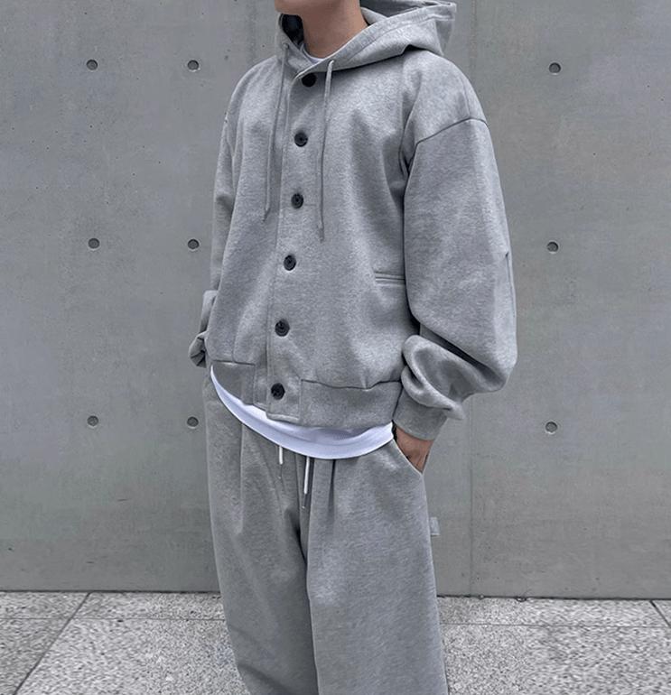 RT No. 11079 GRAY BUTTON-UP HOODIE & WIDE SWEATPANTS Product Image
