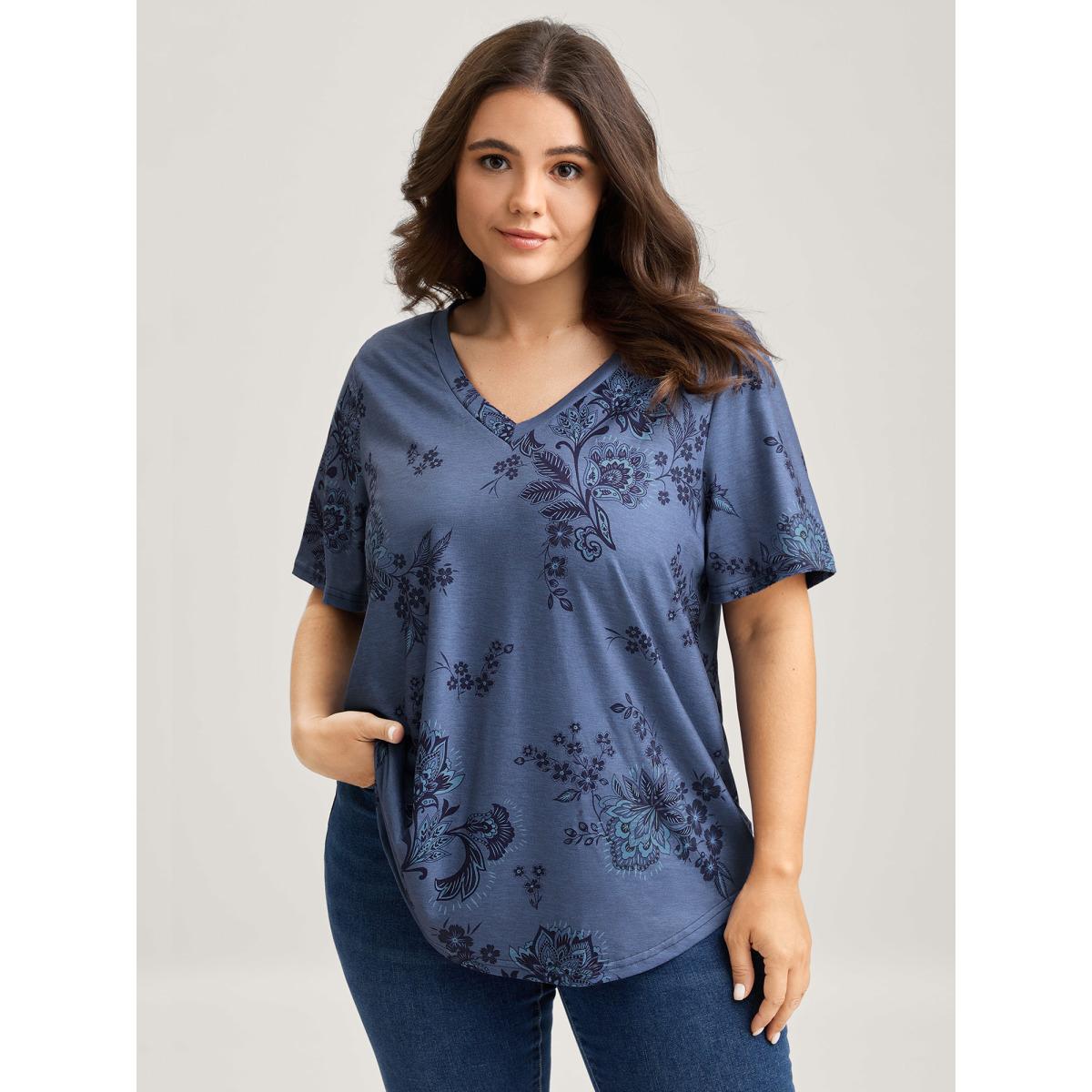 Plus Size Floral V-Neck Drapey T-Shirt Cerulean Women Leisure Non V-neck Casual T-shirts BloomChic 26/4X Product Image