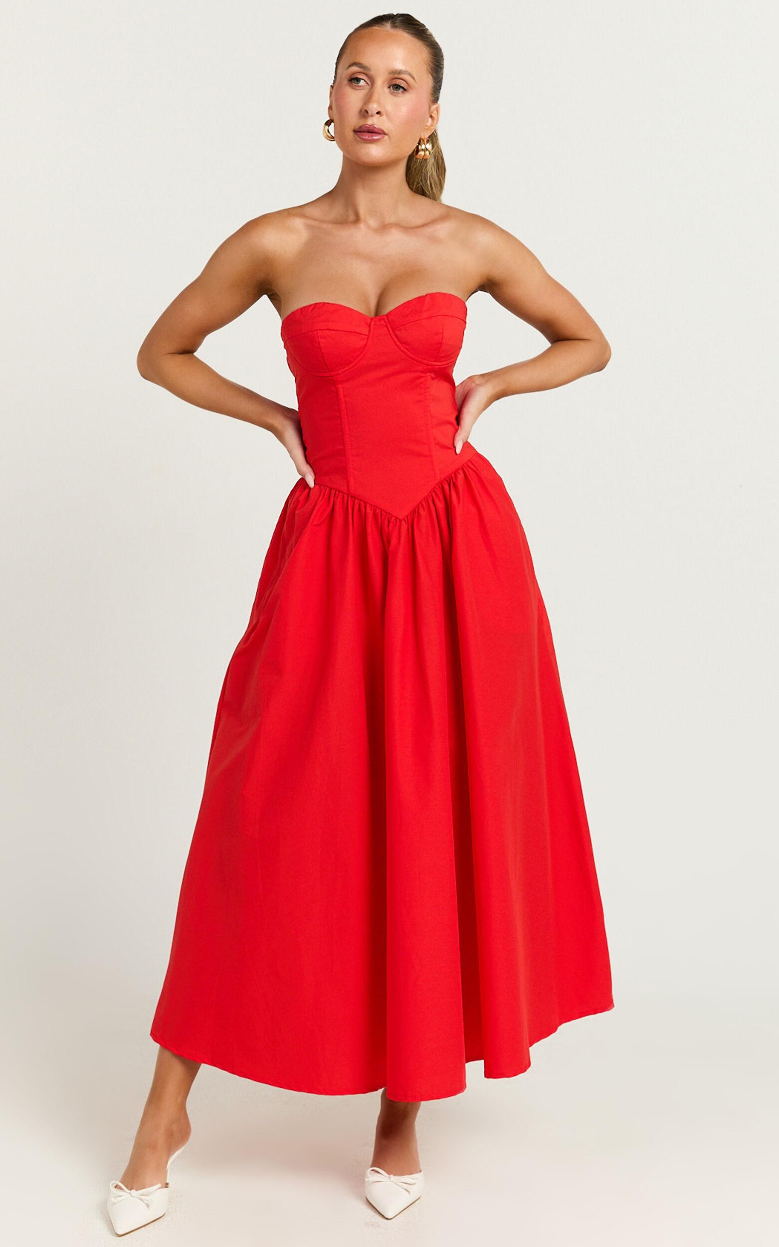 Daria Midi Dress - Strapless Corset Gathered Dress in Red Product Image