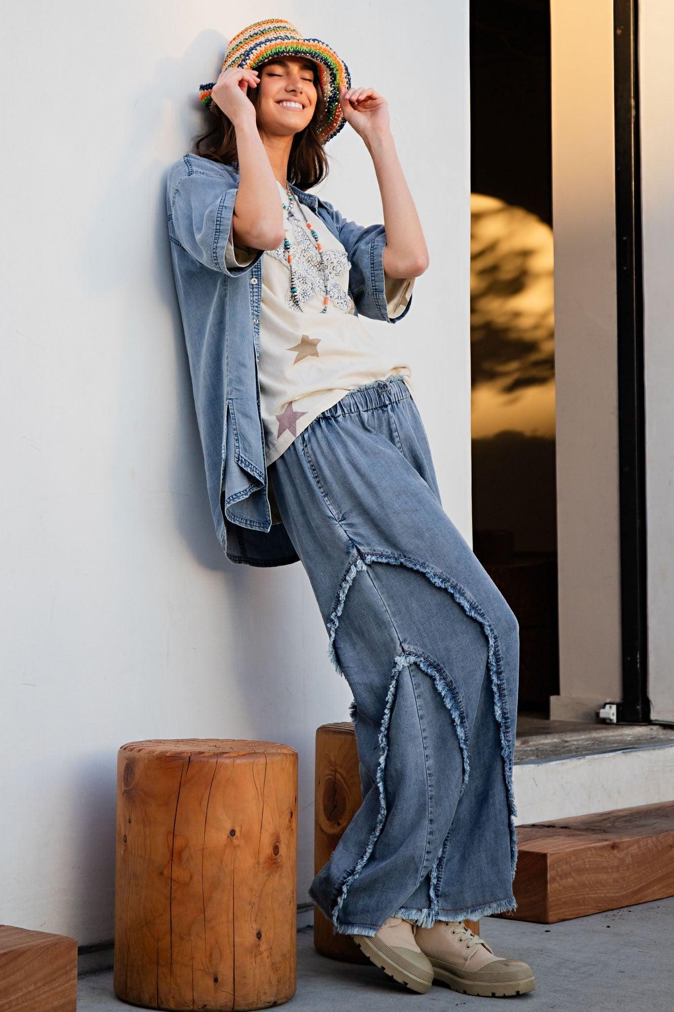 Fringe Washed Denim Wide Loose Fit Pants Product Image