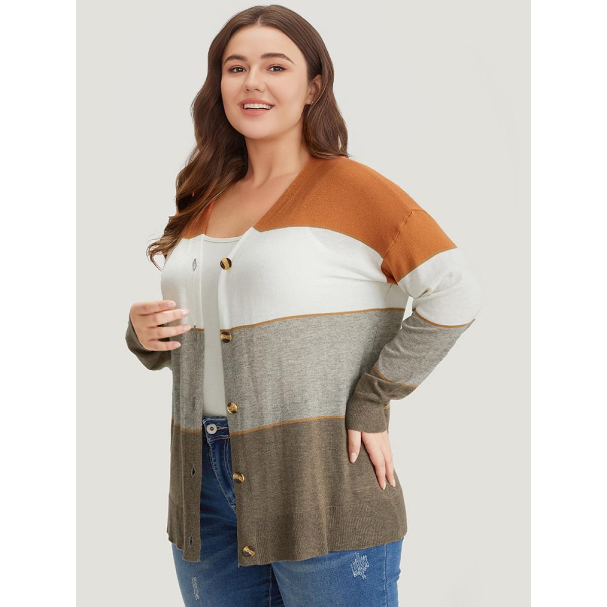 Plus Size Supersoft Essentials Colorblock Contrast Button Up Lightweight Cardigan Gray Women Casual Long Sleeve Dailywear Cardigans BloomChic 22-24/3X Product Image