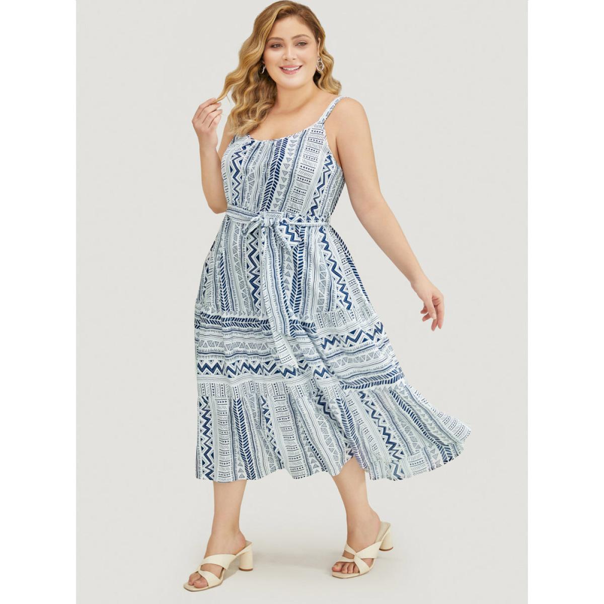 Plus Size Geometric Print Belted Flutter Tiered Pocket Cami Dress Aegean Women Vacation Adjustable Straps Spaghetti Strap Sleeveless Curvy Midi Dress BloomChic 18-20/2X Product Image