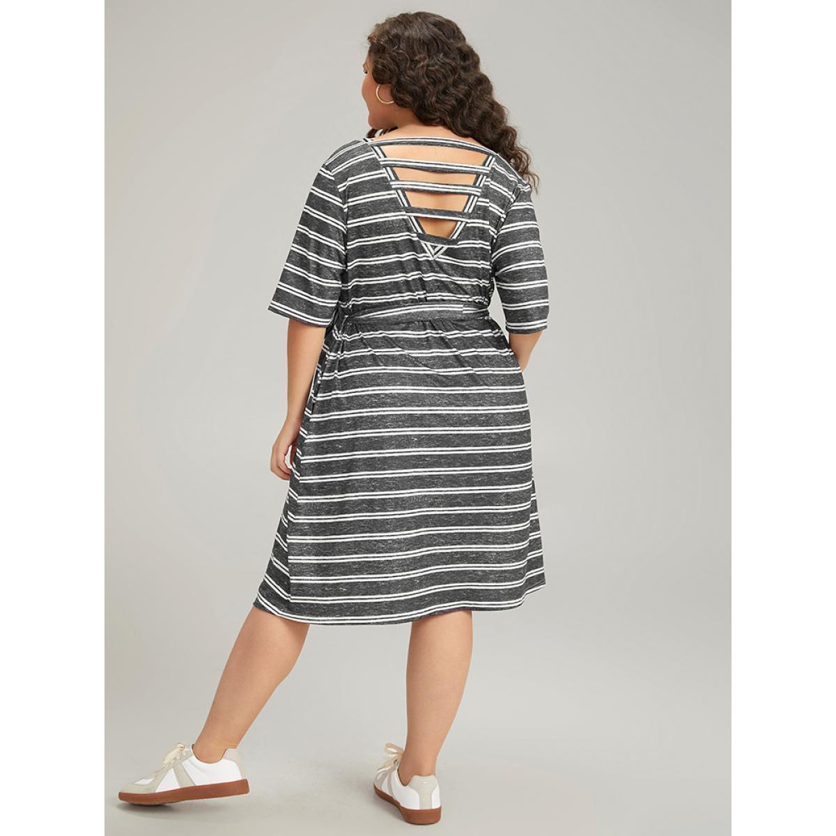 Plus Size Striped V Neck Pocket Belted Back Cut Out Dress Black Women Casual Belted V-neck Half Sleeve Curvy Midi Dress BloomChic 14-16/1X Product Image
