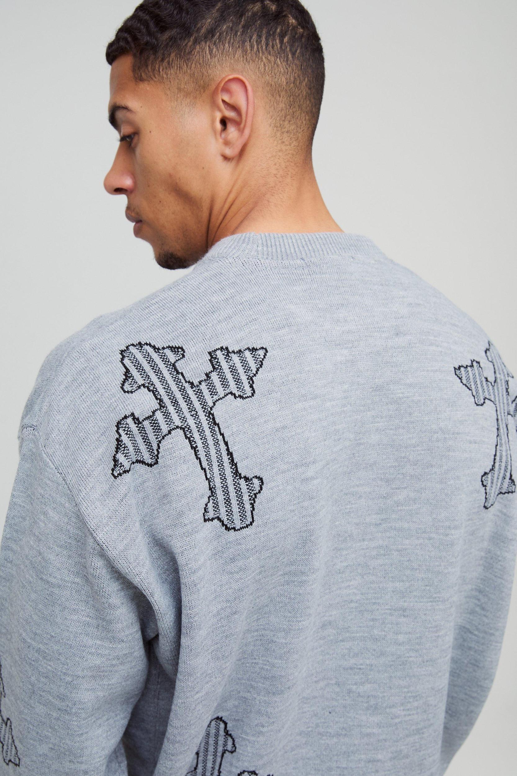 Oversized Laddered Cross Raw Edge Knitted Sweater | boohooMAN USA Product Image