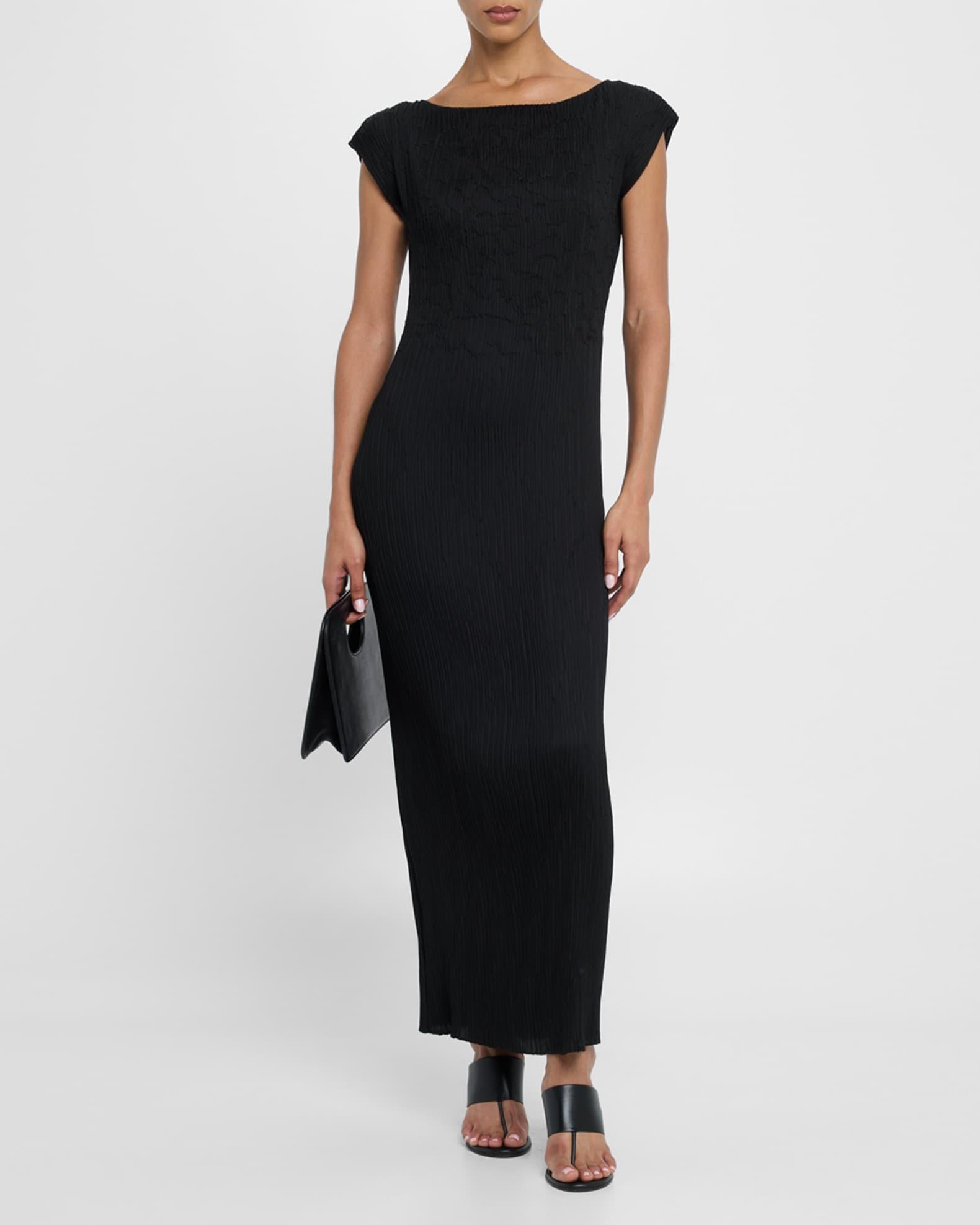 Cap-Sleeve Embroidered Plisse Maxi Dress Product Image