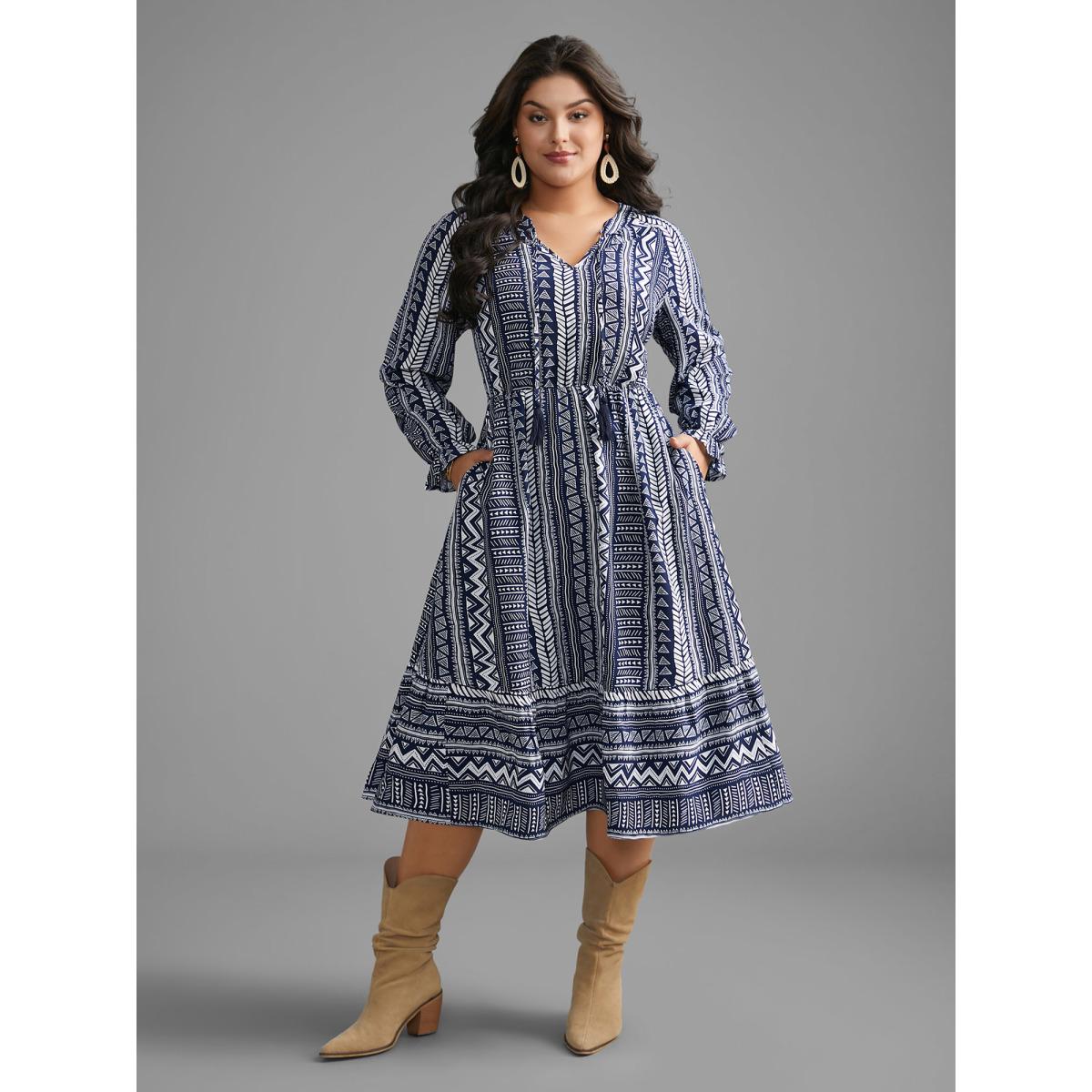 Plus Size Bandana Geometric Tassels Tie Knot Dress Indigo Women Resort Tie knot Flat collar with V-notch Long Sleeve Curvy BloomChic 30/6X Product Image