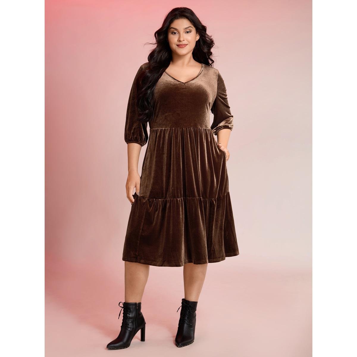 Plus Size Velvet V-Neck Cinched-Waist Midi Dress Browncoffeecolor Women Leisure Gathered V-neck Elbow-length sleeve Curvy BloomChic 26/4X Product Image