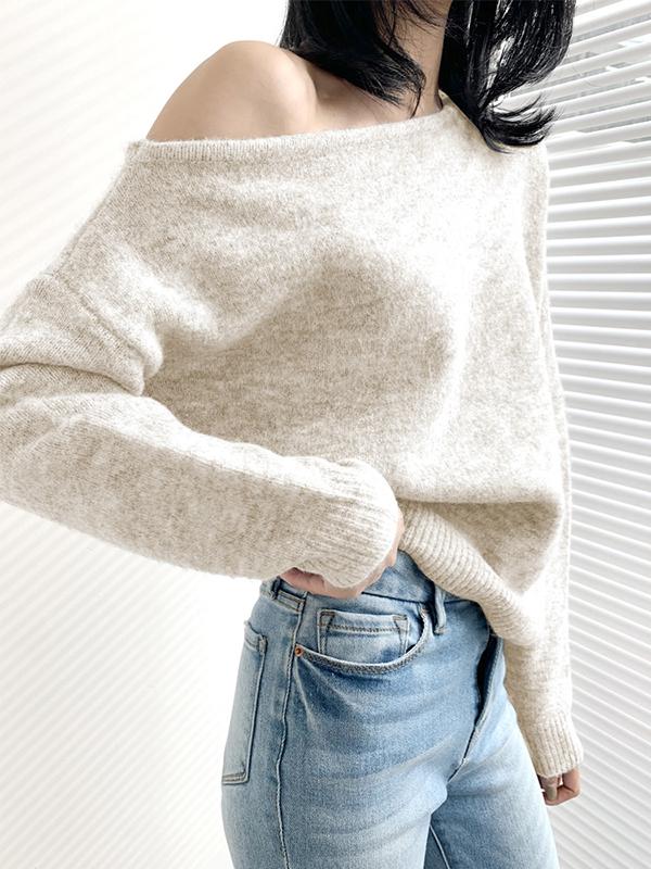 Casual Loose Long Sleeves Solid Color Off-The-Shoulder Sweater Tops Product Image