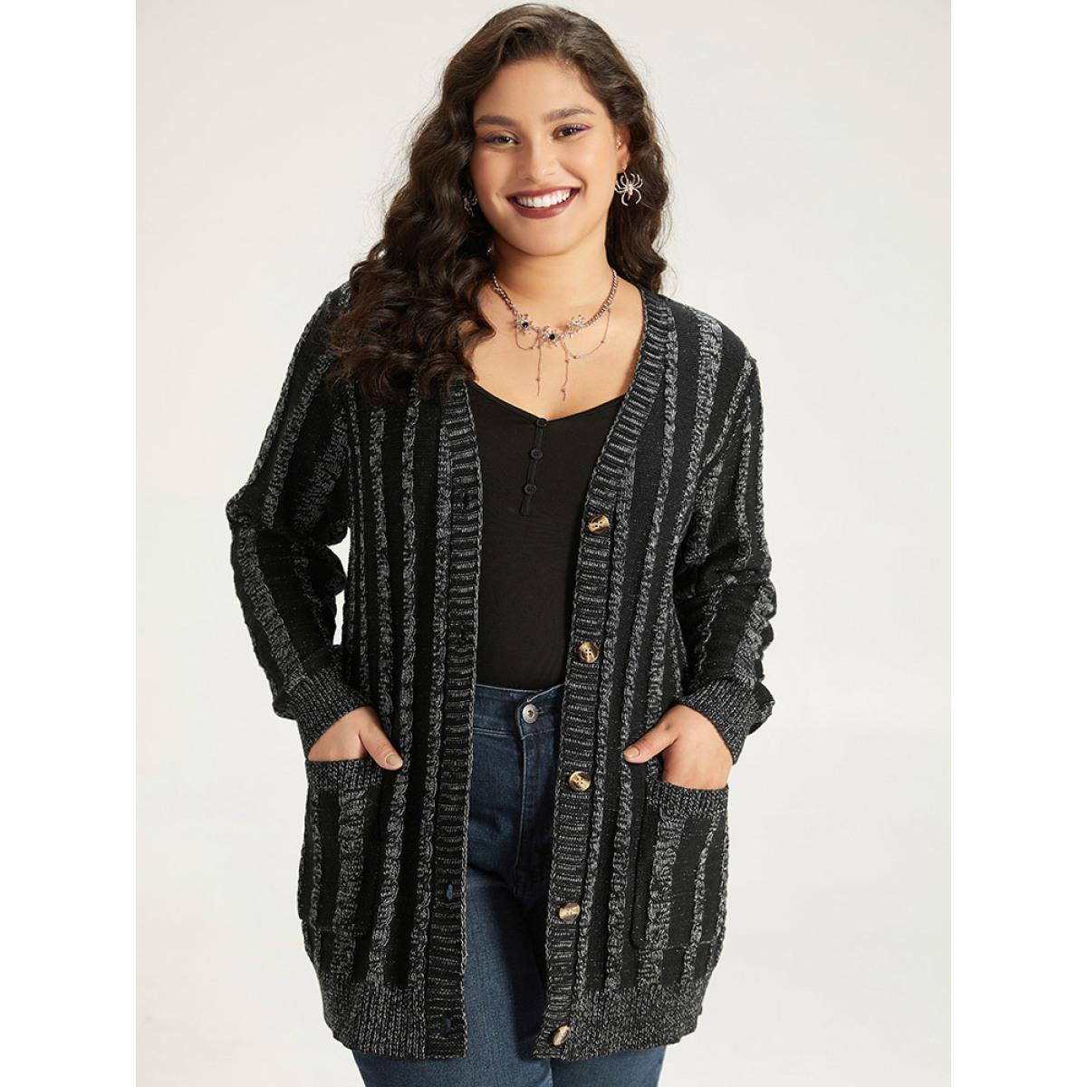 Plus Size Halloween Striped Patched Pocket Button Up Cardigan Black Women Casual Loose Long Sleeve Festival-Halloween Cardigans BloomChic 12/L Product Image
