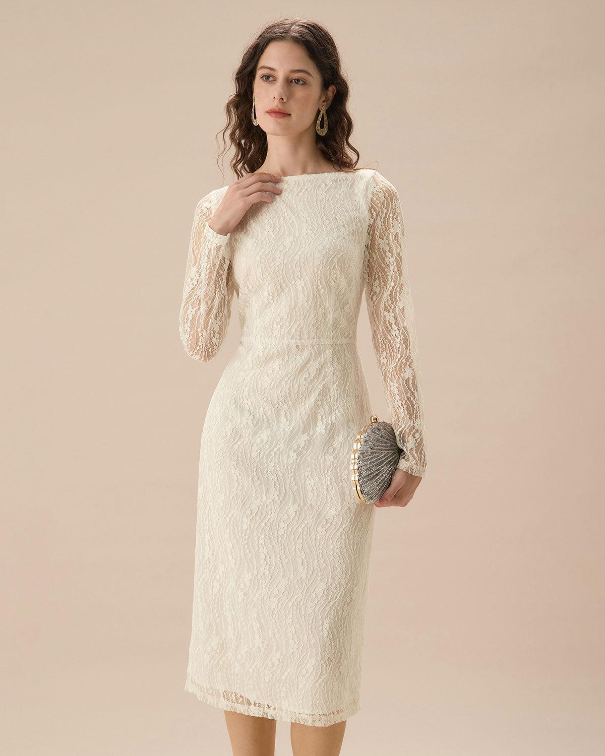 Apricot Lace Boat Neck Long Sleeve Midi Dress Product Image