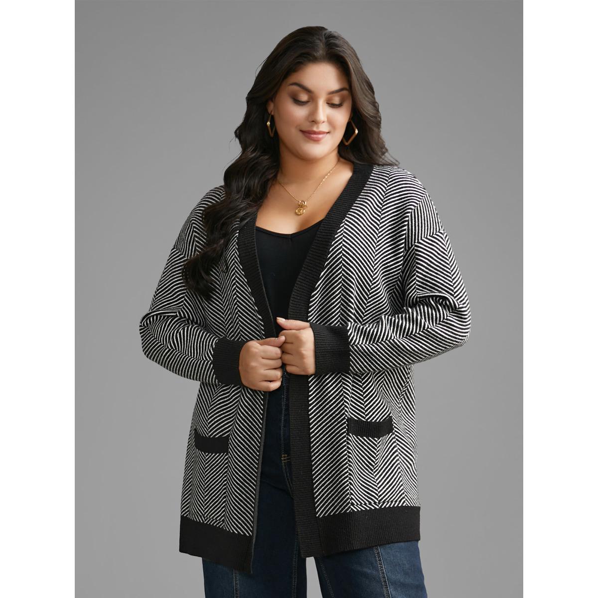 Plus Size Supersoft Essentials Striped Patch Pocket Cardigan Black Women Casual Loose Long Sleeve Everyday Cardigans BloomChic 30/6X Product Image