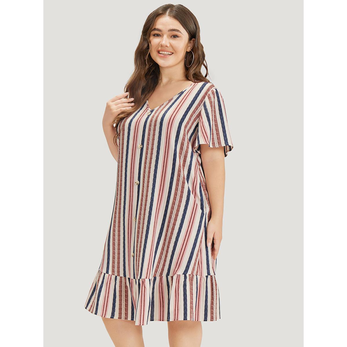 Plus Size Striped Button Detail Pocket Ruffle Hem Dress Multicolor Women Vacation Gathered V-neck Short sleeve Curvy Knee Dress BloomChic 10/M Product Image