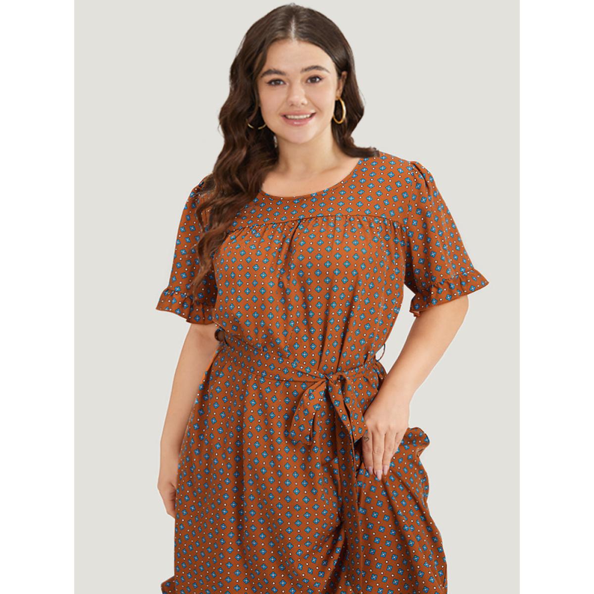 Plus Size Bandana Print Flutter Trim Pocket Belted Dress Chocolate Women Vacation Belted Round Neck Short sleeve Curvy Midi Dress BloomChic 14-16/1X Product Image