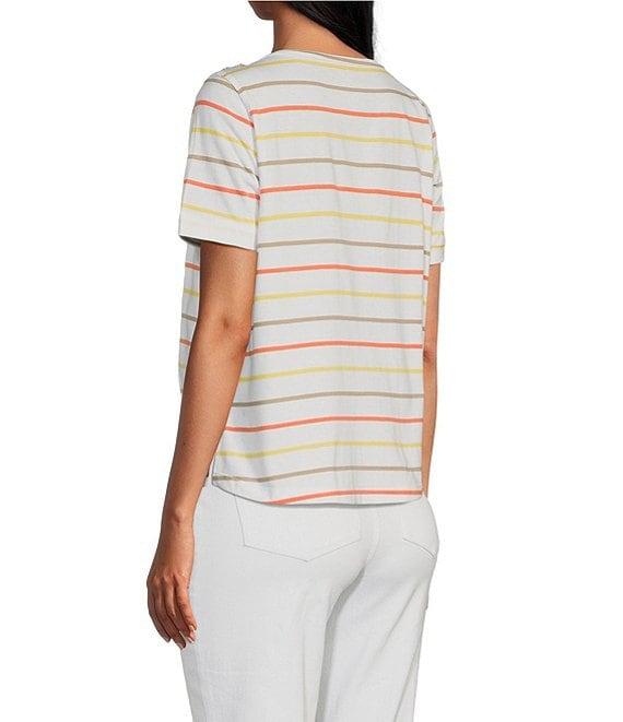 Multiples Petite Size Yarn-Dye Jersey Knit Stripe Boat Neck Elbow Sleeve Fitted Top Product Image