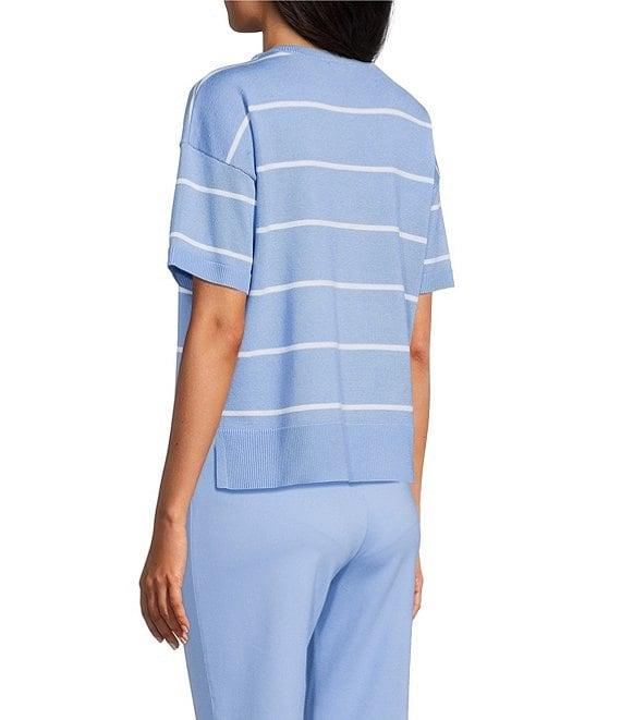 Investments Striped 3/4 Sleeve V-Neck Ribbed Trim Sweater Product Image
