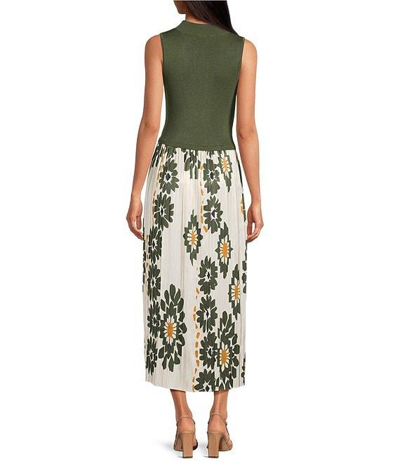 Skies Are Blue Mock Neck Sleeveless Pleated Floral Print Maxi Dress Product Image