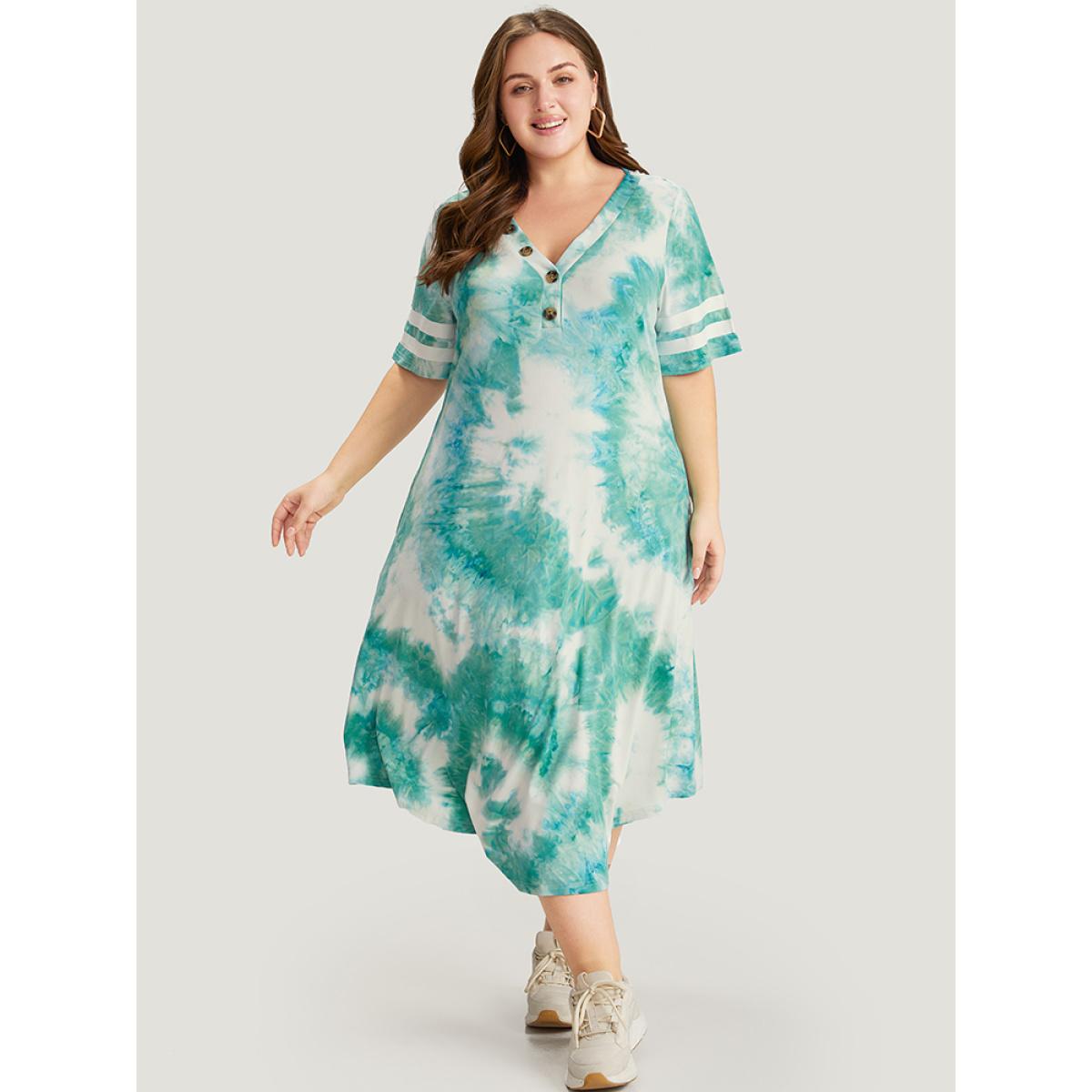 Plus Size Tie Dye & Striped Button Detail Pocket Arc Hem Dress Emerald Women Casual Printed V-neck Short sleeve Curvy Midi Dress BloomChic 10/M Product Image