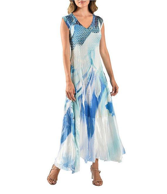 Komarov V-Neck Sleeveless Watercolor Printed Mixed Media Maxi Dress Product Image