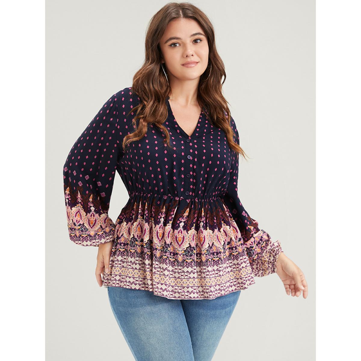 Plus Size DarkBlue Floral Button Lantern Sleeve Elastic Waist Flutter Blouse Women Vacation Long Sleeve V-neck Dailywear Blouses BloomChic 14-16/1X Product Image