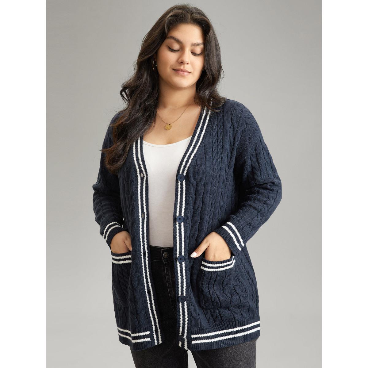Plus Size Cable Knit Contrast Striped Button Through Cardigan Midnight Women Casual Loose Long Sleeve Dailywear Cardigans BloomChic 10/M Product Image