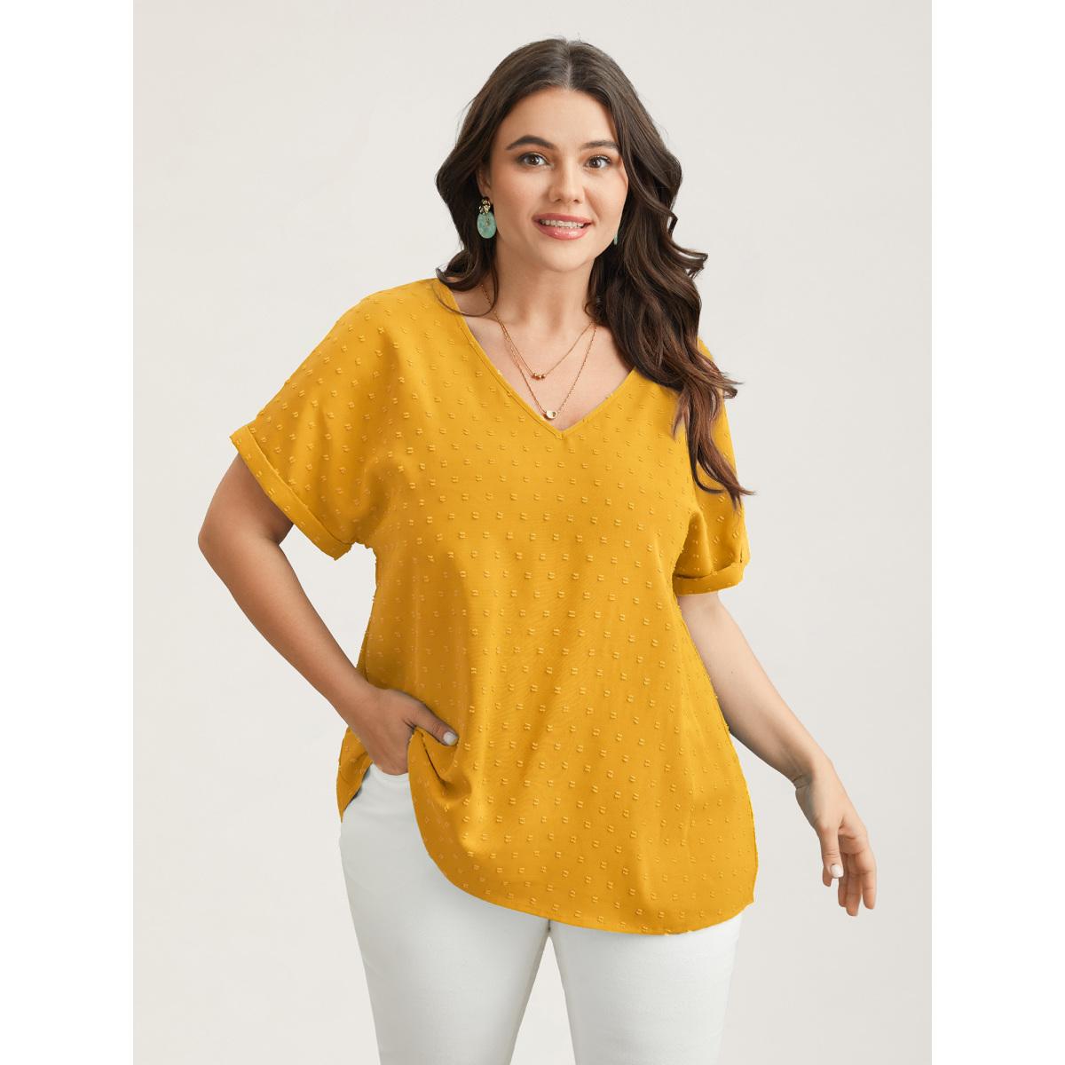 Plus Size Turmeric Back-Button Textured V-Neck Shirt Women Timeless Short sleeve V-neck Elegant Blouses BloomChic 30/6X Product Image