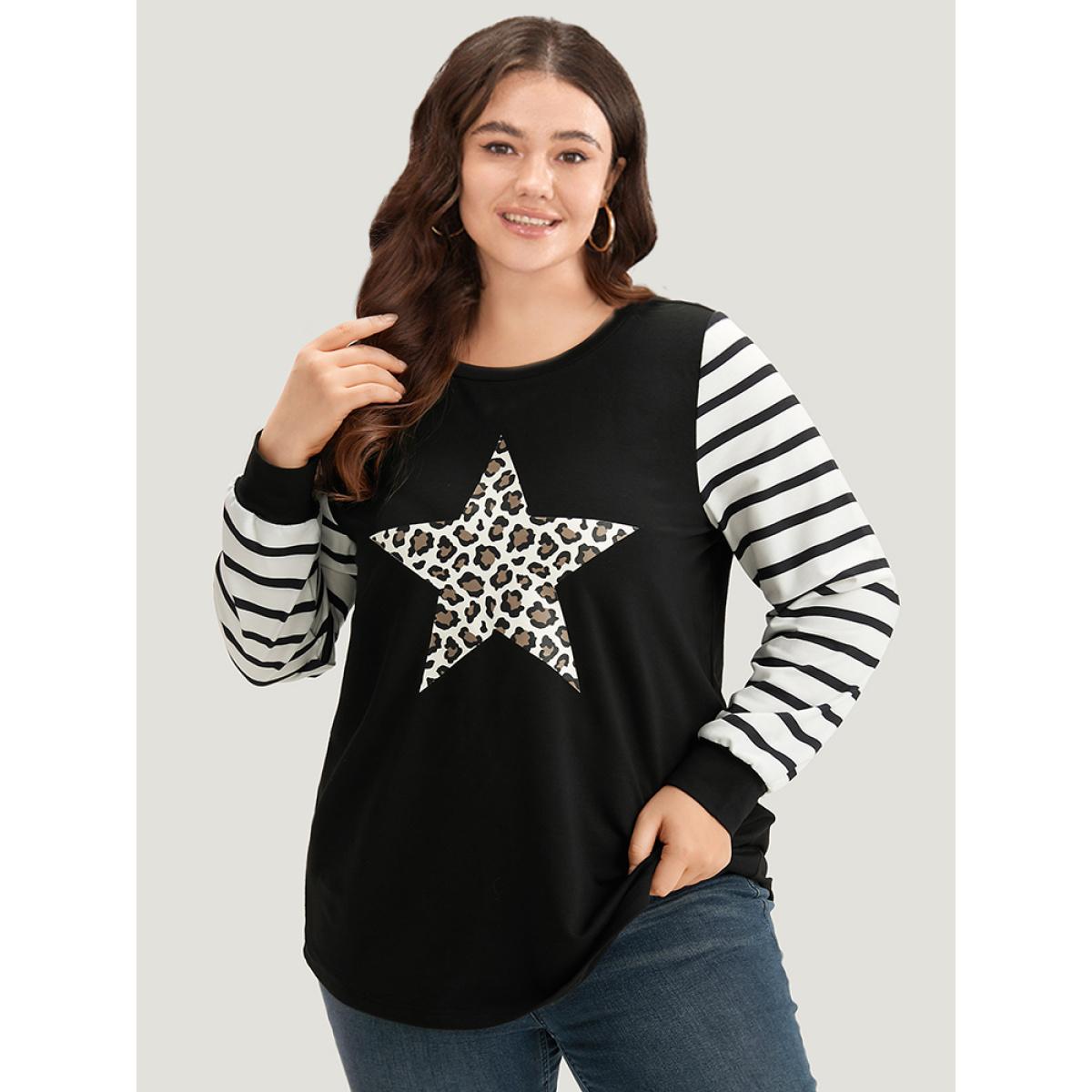 Plus Size Star Leopard Print Striped Patchwork Crew Neck Sweatshirt Women Black Casual Elastic cuffs Dailywear Sweatshirts BloomChic 22-24/3X Product Image