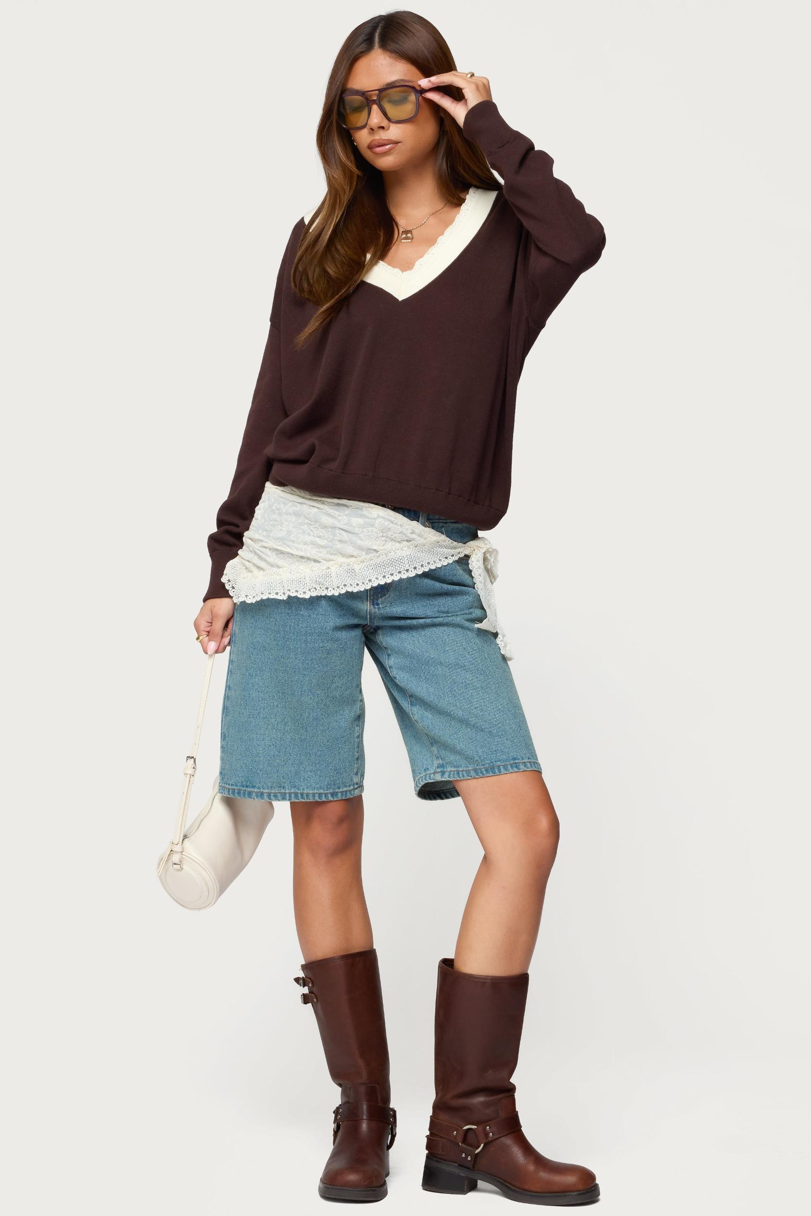 Marie Contrast Lacey V Neck Sweater Product Image