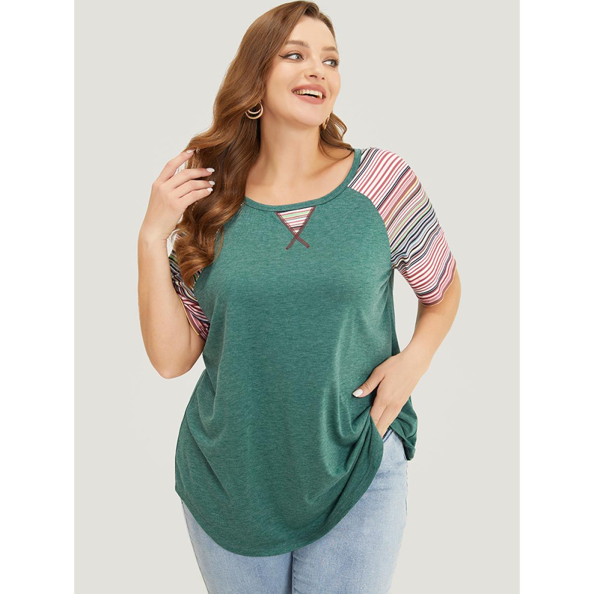 Plus Size Supersoft Essentials Striped Contrast Raglan Sleeve Curved Hem T-shirt DarkGreen Women Casual Contrast Plain Round Neck Everyday T-shirts BloomChic 30/6X Product Image