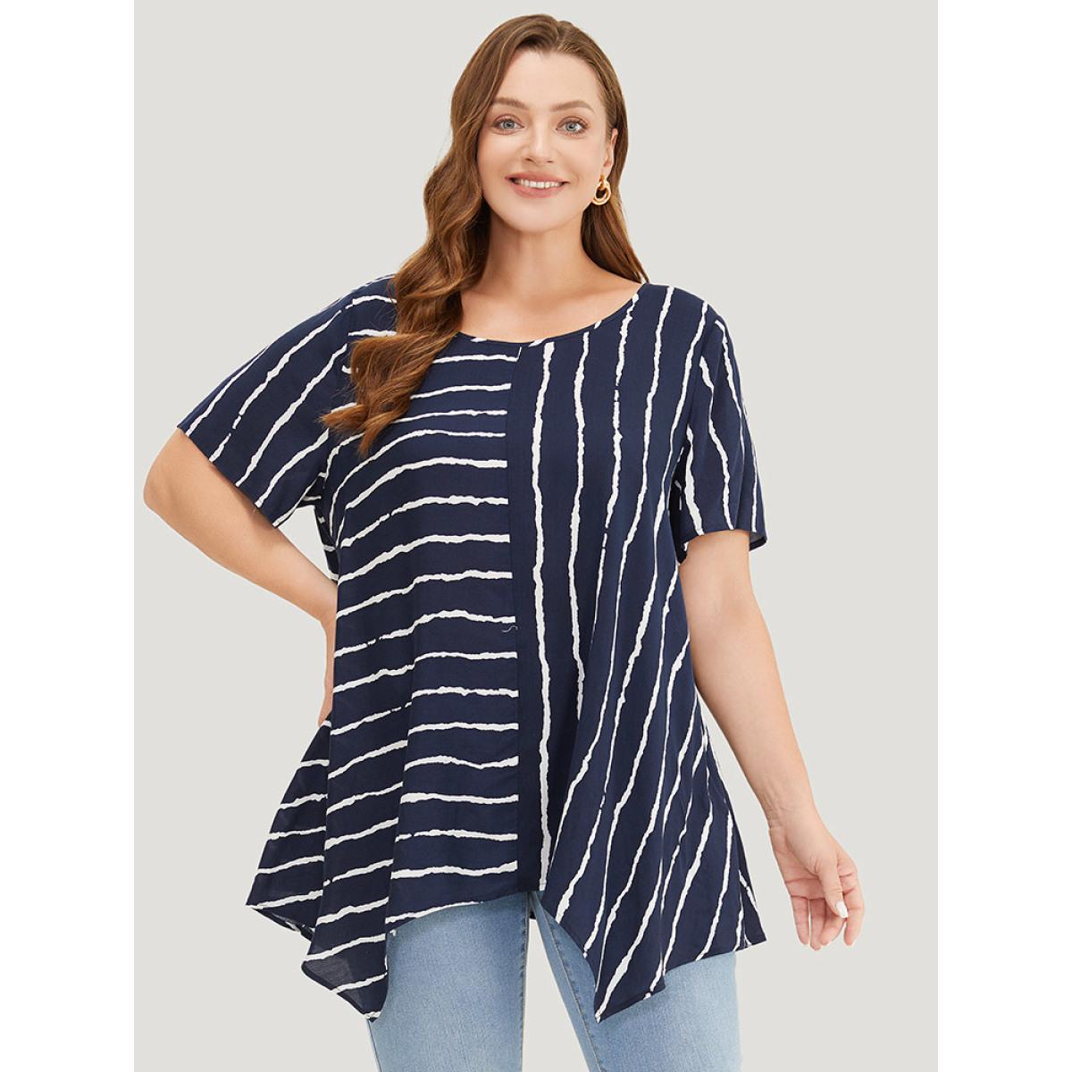 Plus Size Indigo Striped Patchwork Hanky Hem Blouse Women Office Short sleeve Round Neck Dailywear Blouses BloomChic 12/L Product Image