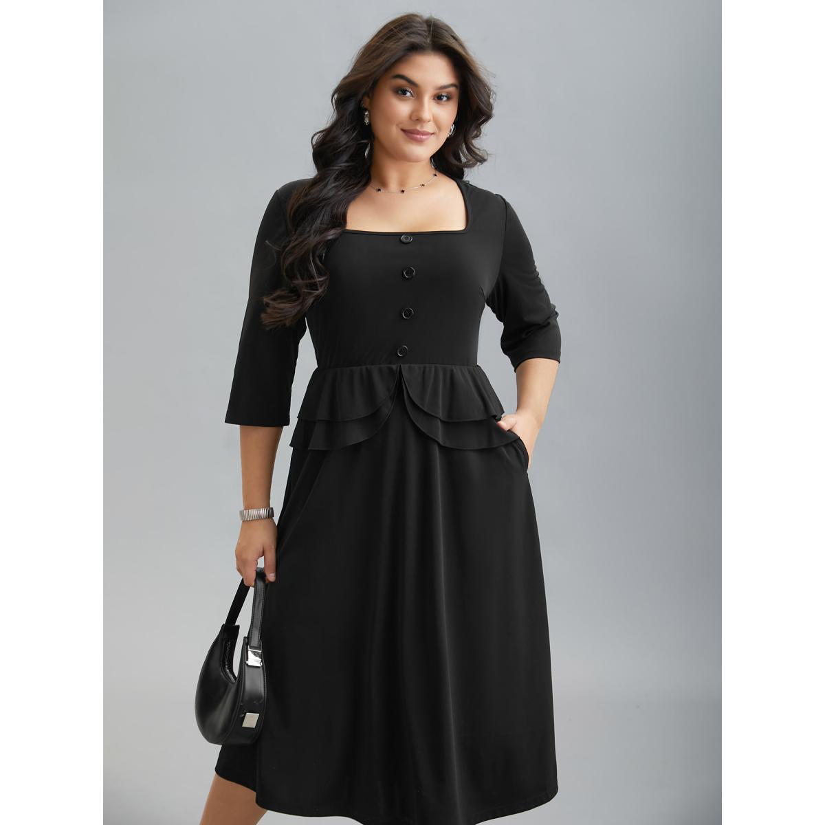 Plus Size Ruffle Trim Button Front Midi Dress Black Women At the Office Button Square Neck Elbow-length sleeve Curvy BloomChic 14-16/1X Product Image