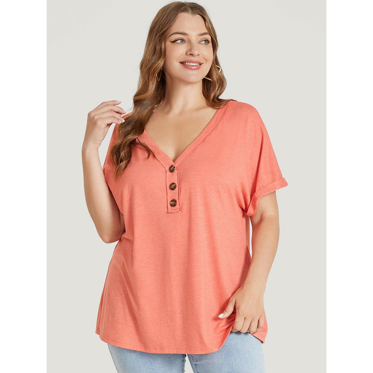 Plus Size Plain Button Detail Roll Dolman Sleeve T-shirt Coral Women Casual Plain V-neck Dailywear T-shirts BloomChic 26/4X Product Image