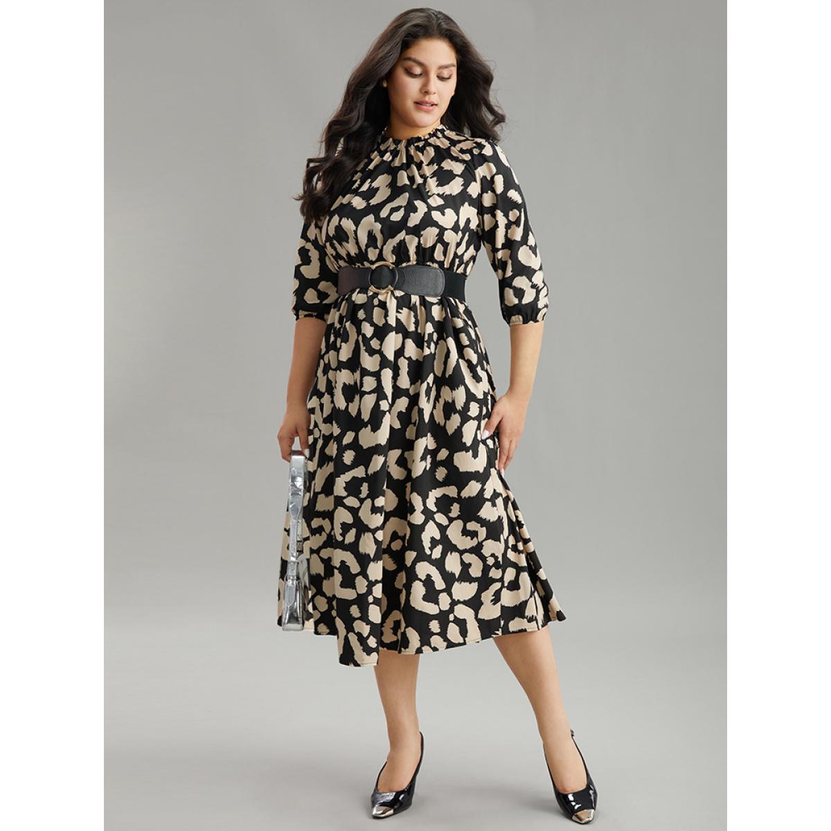 Plus Size Geometric Mock Neck Elastic Waist Pleated Dress DarkBrown Women Office Elastic cuffs Mock Neck Elbow-length sleeve Curvy Midi Dress BloomChic 30/6X Product Image