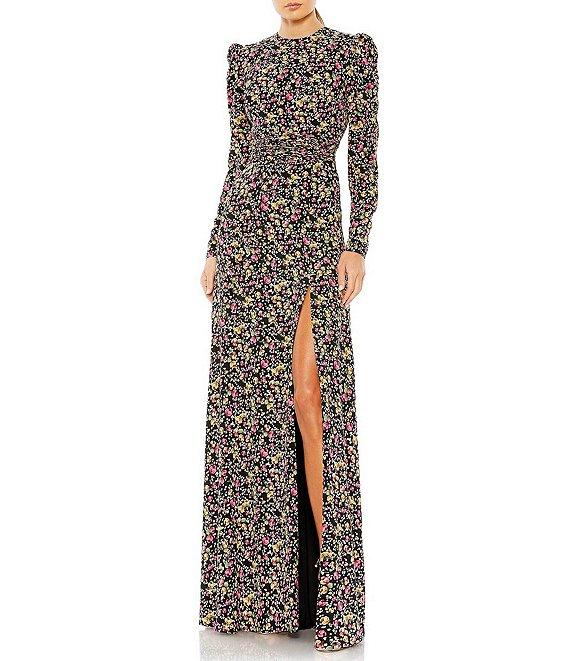 Mac Duggal Crew Neck Long Sleeve Front Slit Gown Product Image