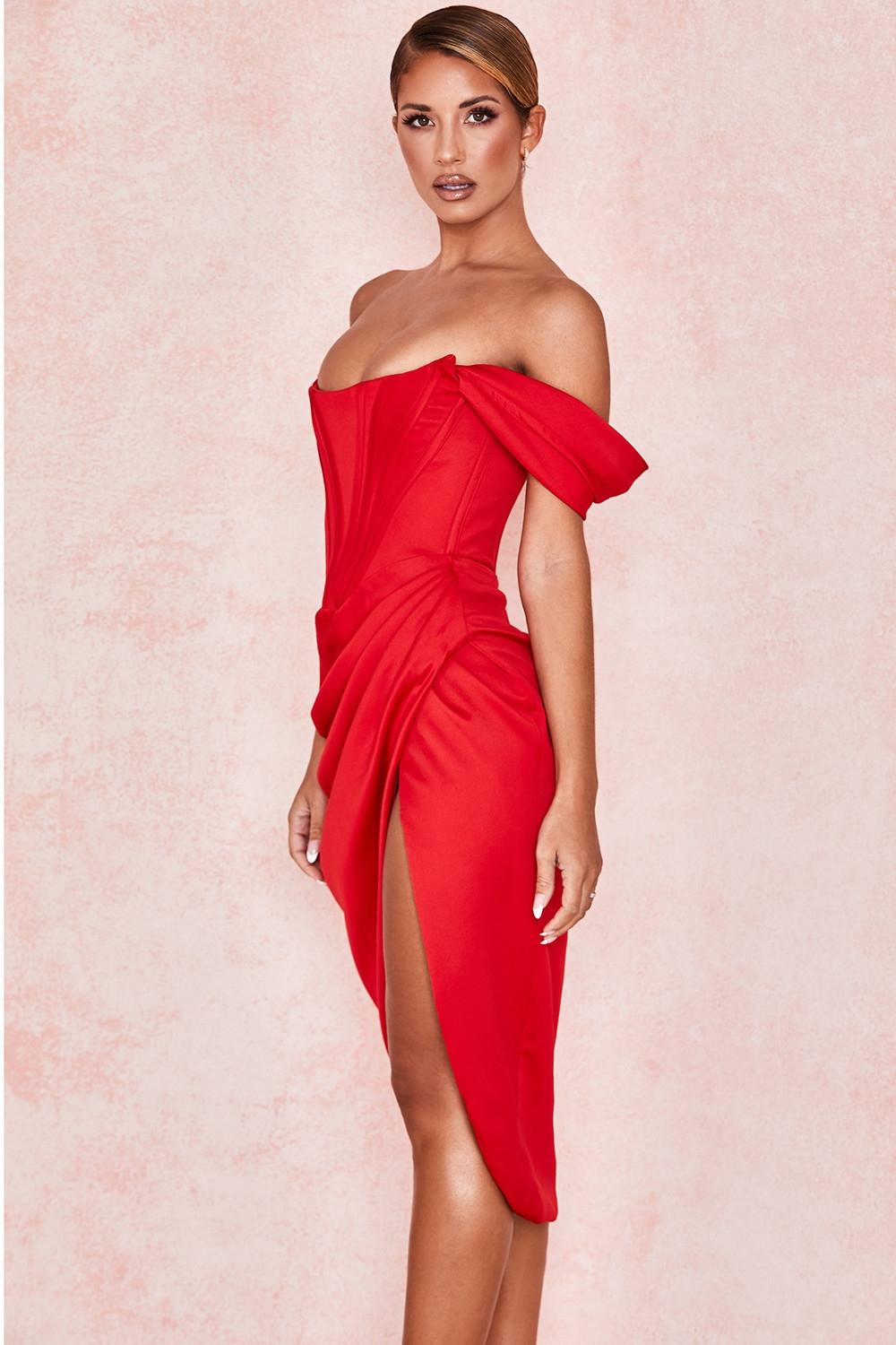 Loretta  red satin off shoulder dress Product Image