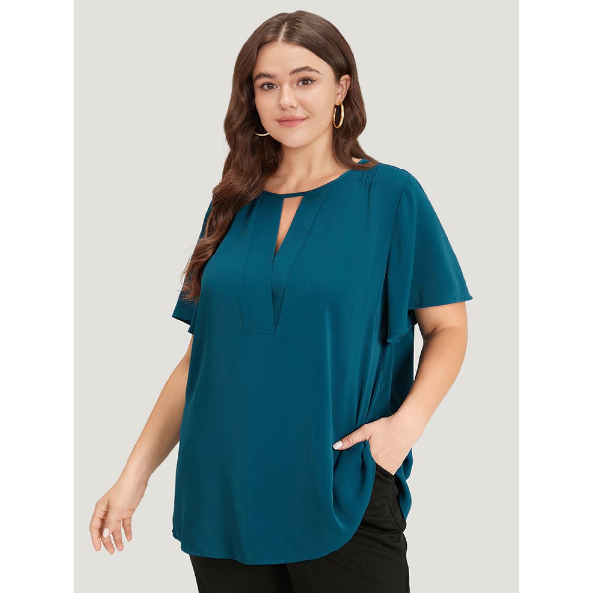 Plus Size Cyan Plain Cut Out Flutter Sleeve Pleated Blouse Women Office Short sleeve V-neck Work Blouses BloomChic 26/4X Product Image
