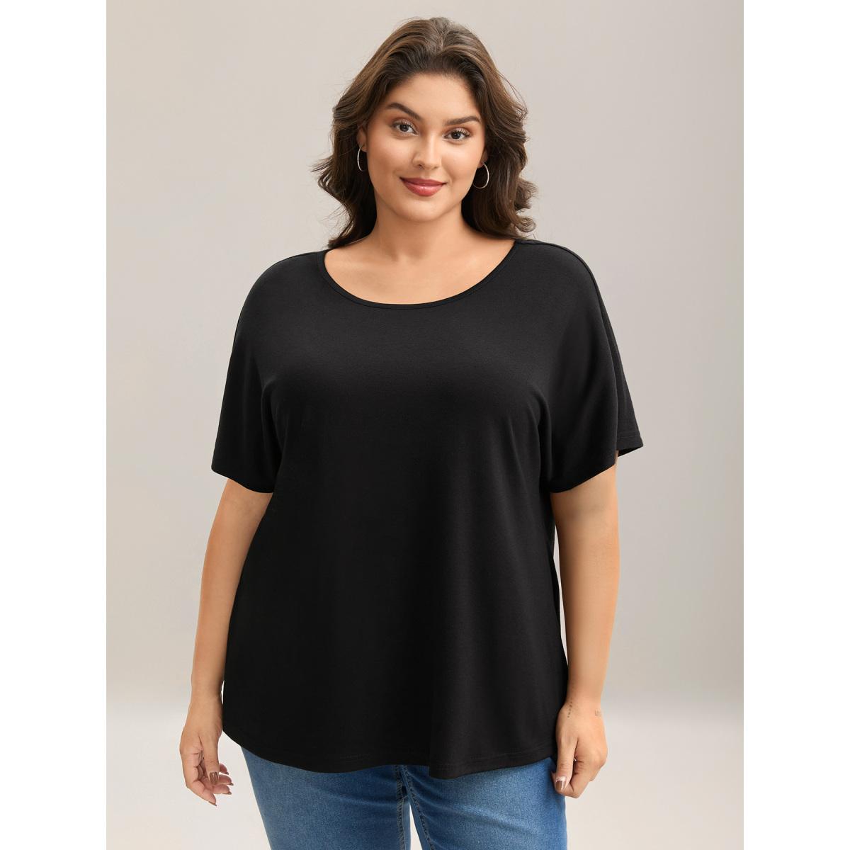 Plus Size Backless Knotted Plain T-Shirt Black Women Leisure Twist Round Neck Casual T-shirts BloomChic 26/4X Product Image