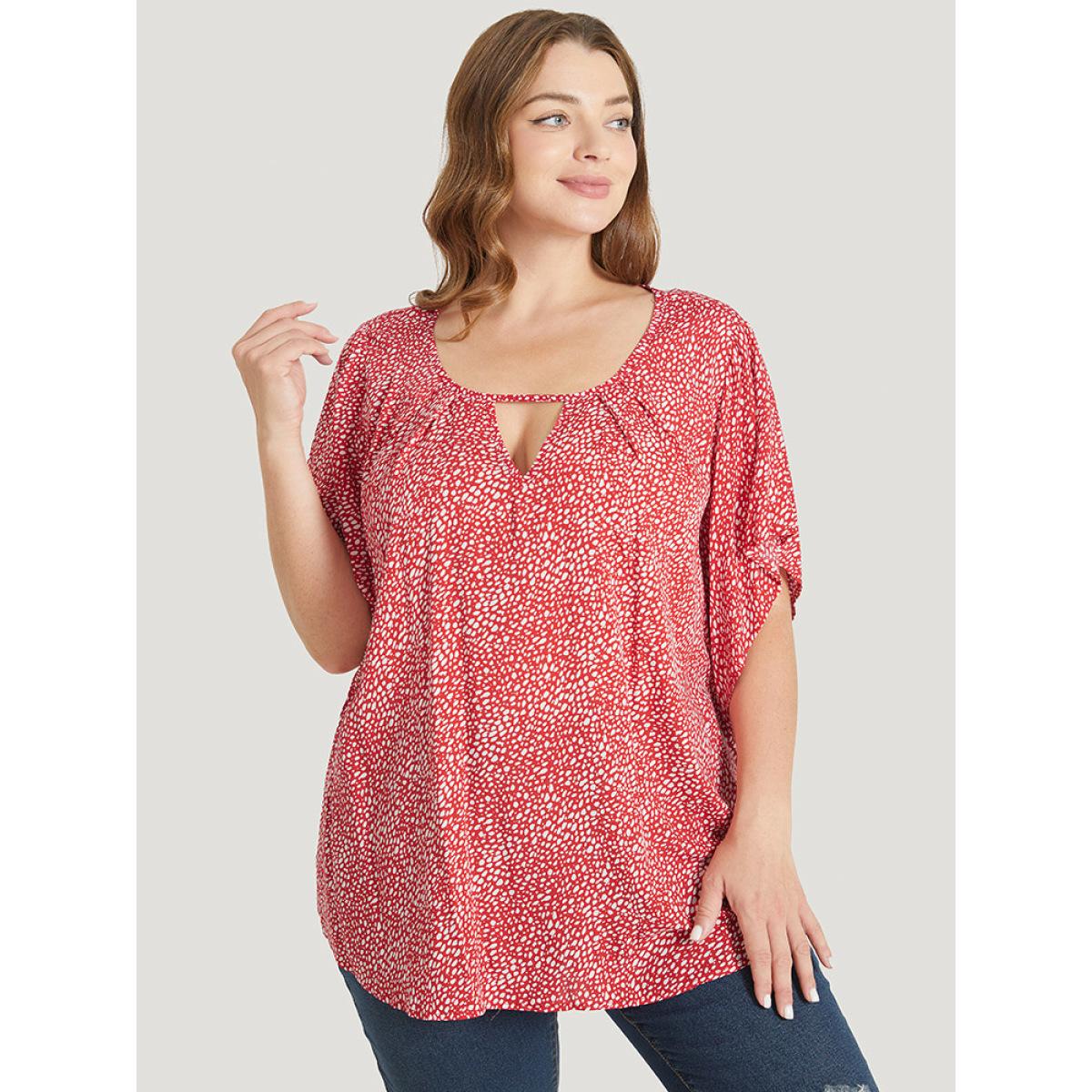 Plus Size Scarlet Polka Dot Ruffle Sleeve Keyhole Neck Blouse Women Elegant Short sleeve Round Neck Dailywear Blouses BloomChic 14-16/1X Product Image