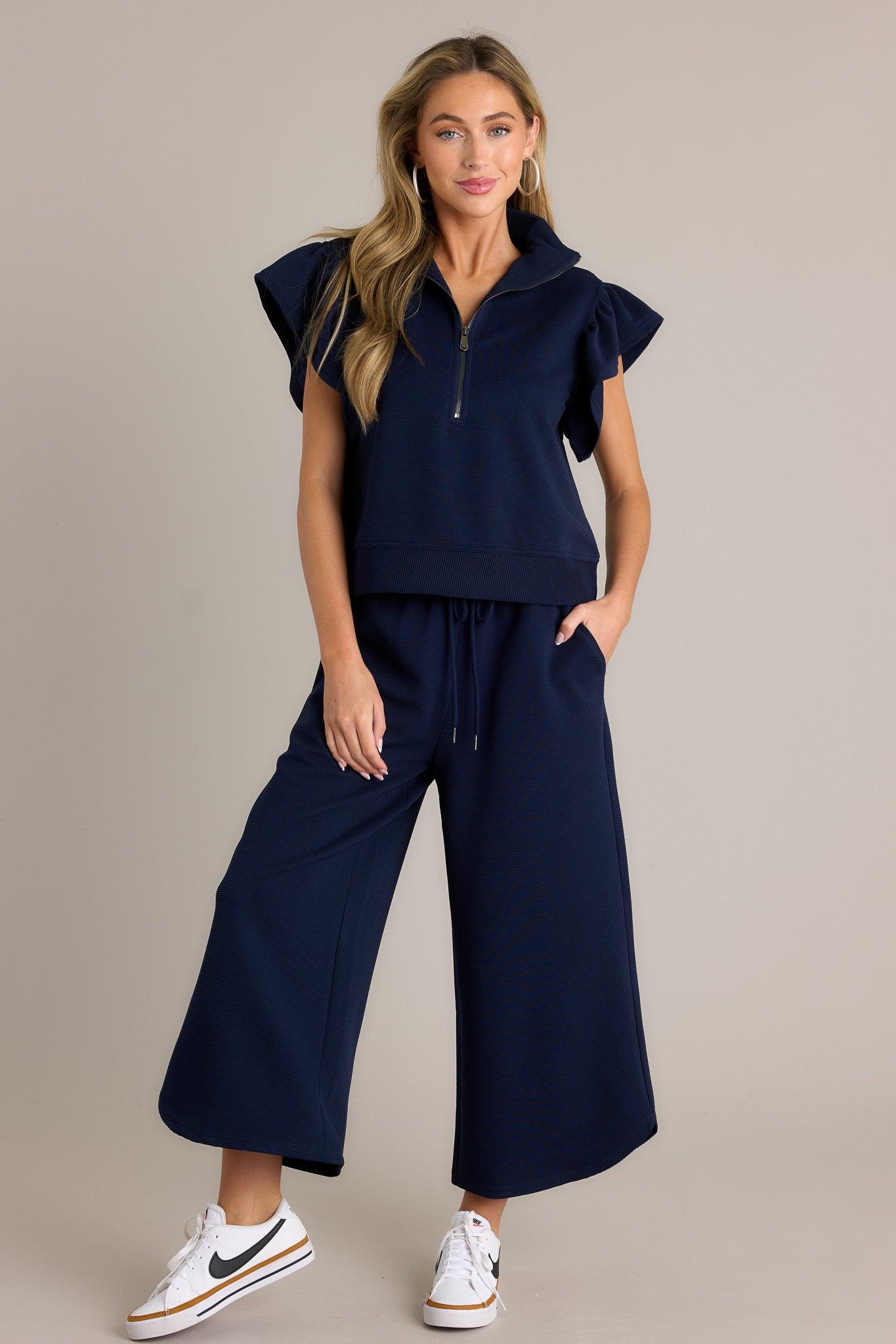 Sand Dune Navy Ribbed Wide Leg Pants Product Image