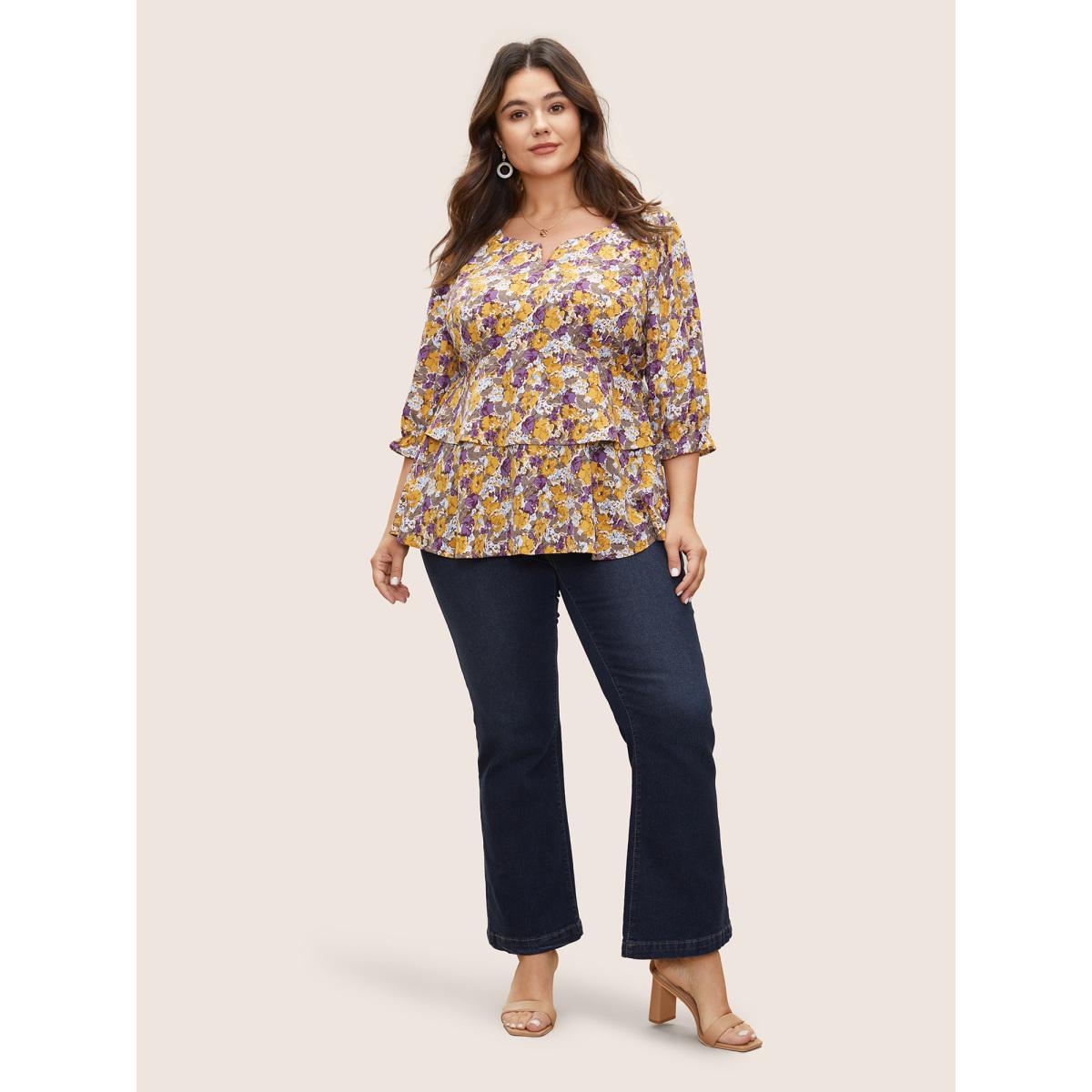 Plus Size Apricot Floral Allover Print Ruffles Tiered Hem Blouse Women Elegant Elbow-length sleeve Notched collar Everyday Blouses BloomChic 18-20/2X Product Image
