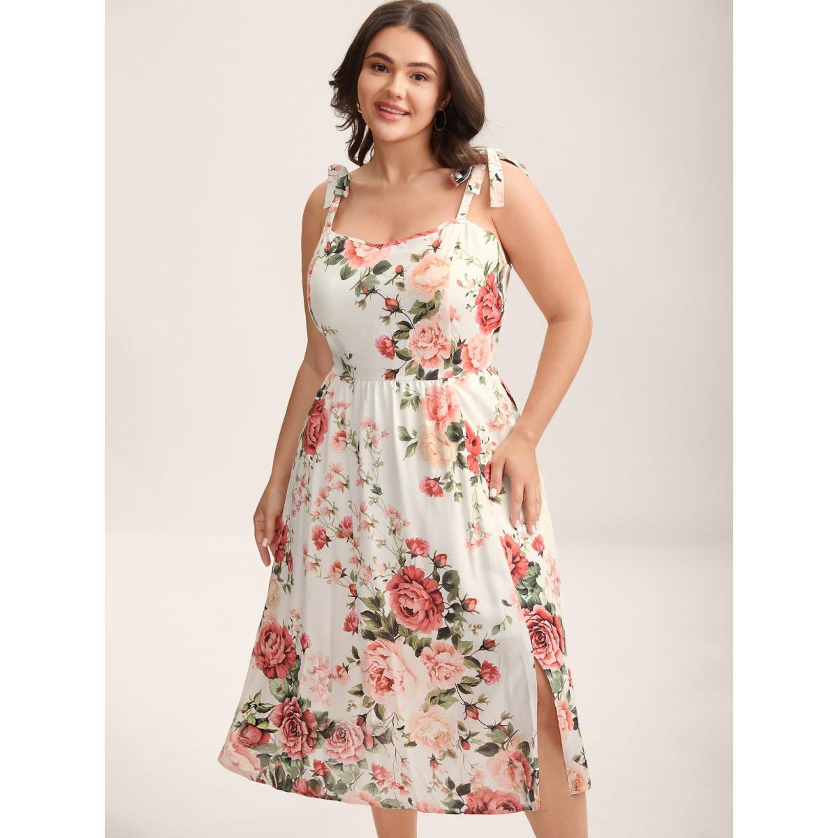 Plus Size Rosy Print Bow Strap Pockets Midi Dress Originalwhite Women Romantic Non Sleeveless Curvy BloomChic 22-24/3X Product Image