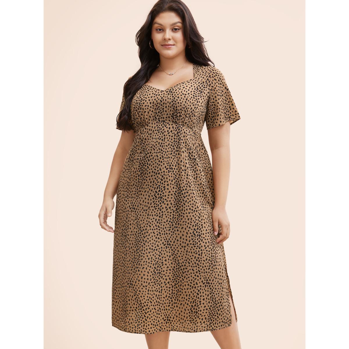 Plus Size Leopard Print Heart Neckline Split Side Dress Bronze Women Elegant Gathered Heart neckline Short sleeve Curvy BloomChic 30/6X Product Image