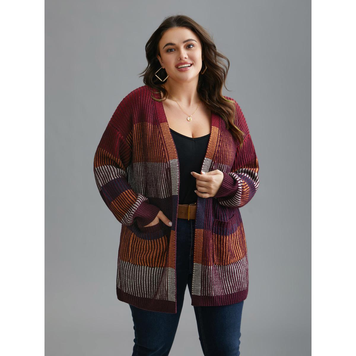 Plus Size Front-Open Color Block Knit Cardigan Multicolor Women Casual Loose Long Sleeve Everyday Cardigans BloomChic 30/6X Product Image