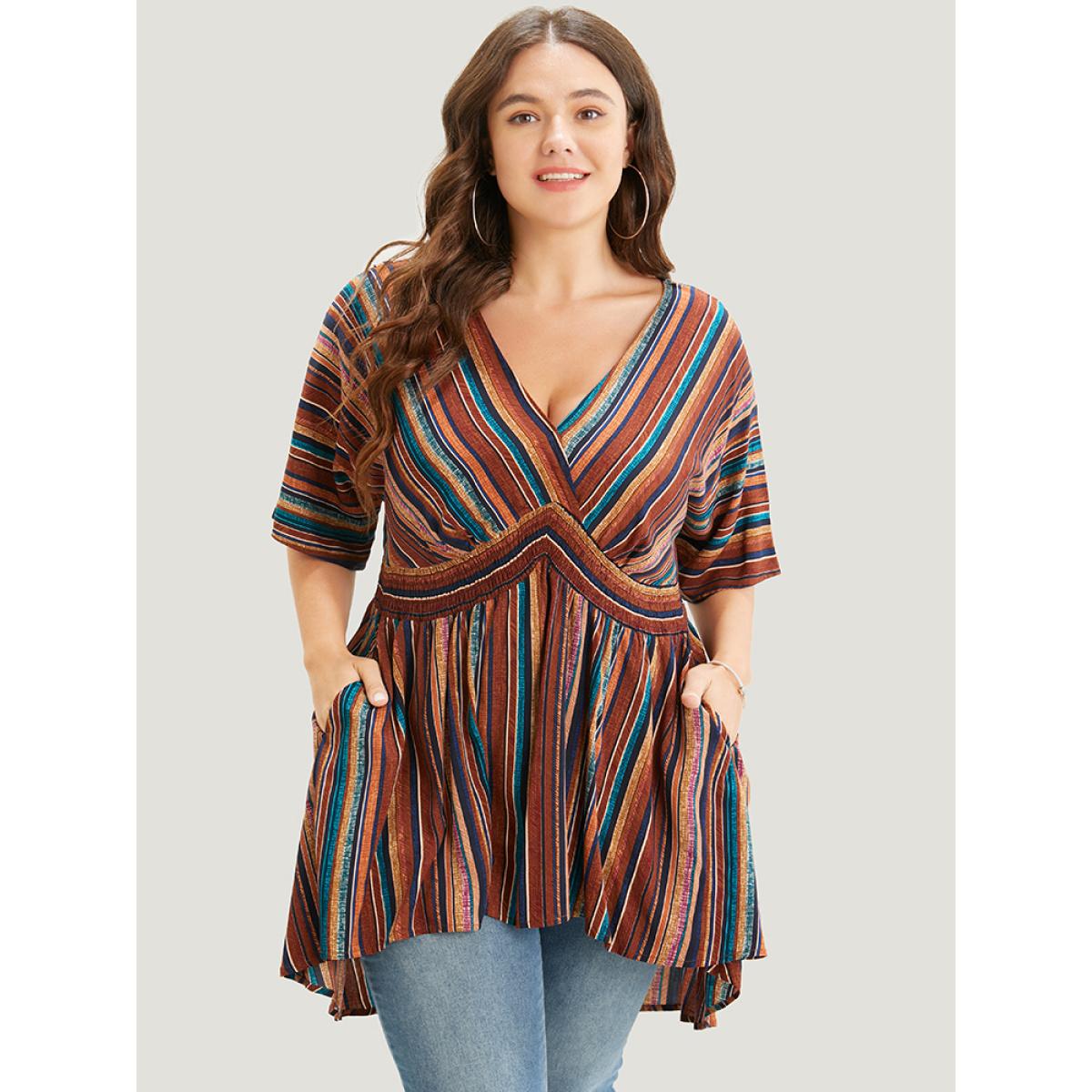 Plus Size DarkBrown Striped Contrast Shirred Wrap High Low Hem Pocket Blouse Women Vacation Short sleeve V-neck Vacation Blouses BloomChic 30/6X Product Image
