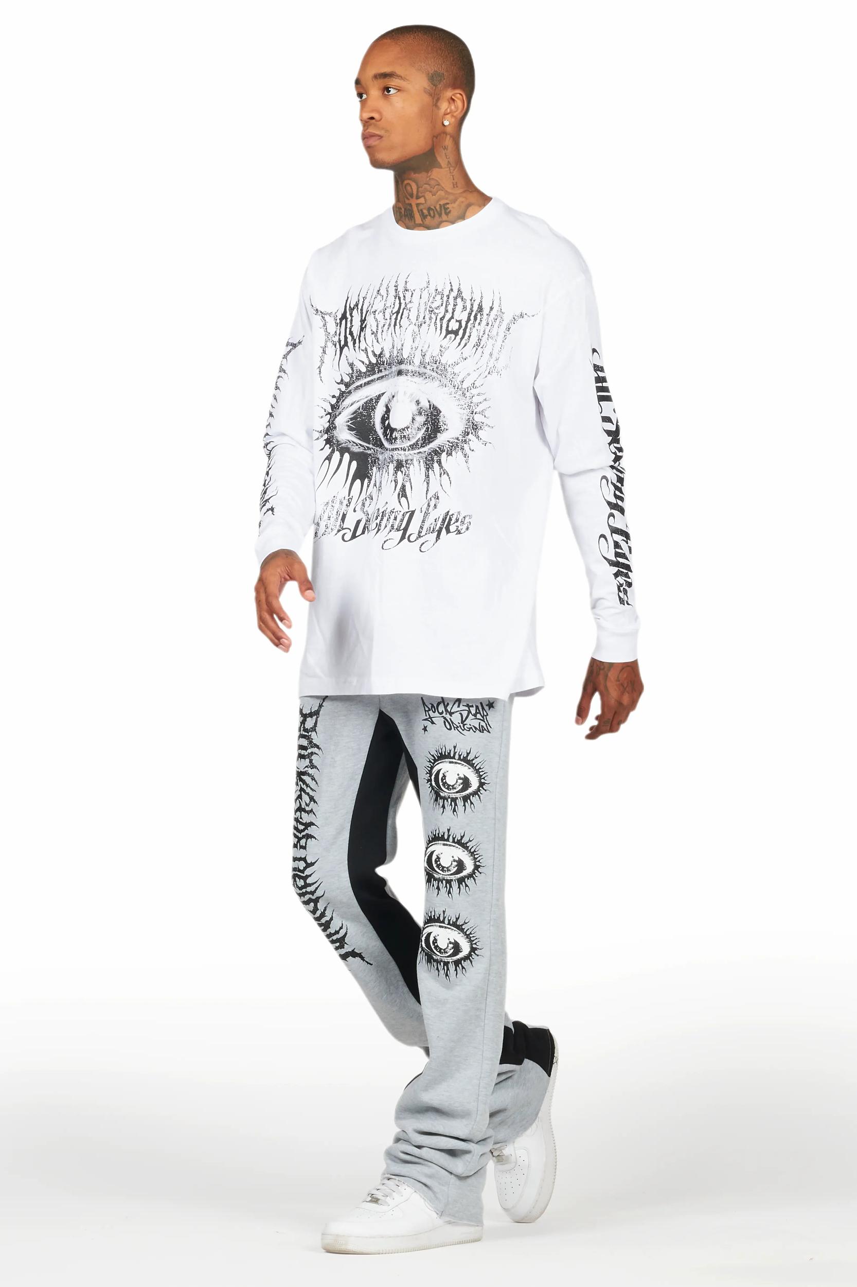 All Seeing Eyes White/Grey Long Sleeve T-Shirt/Baggy Pant Set Male Product Image