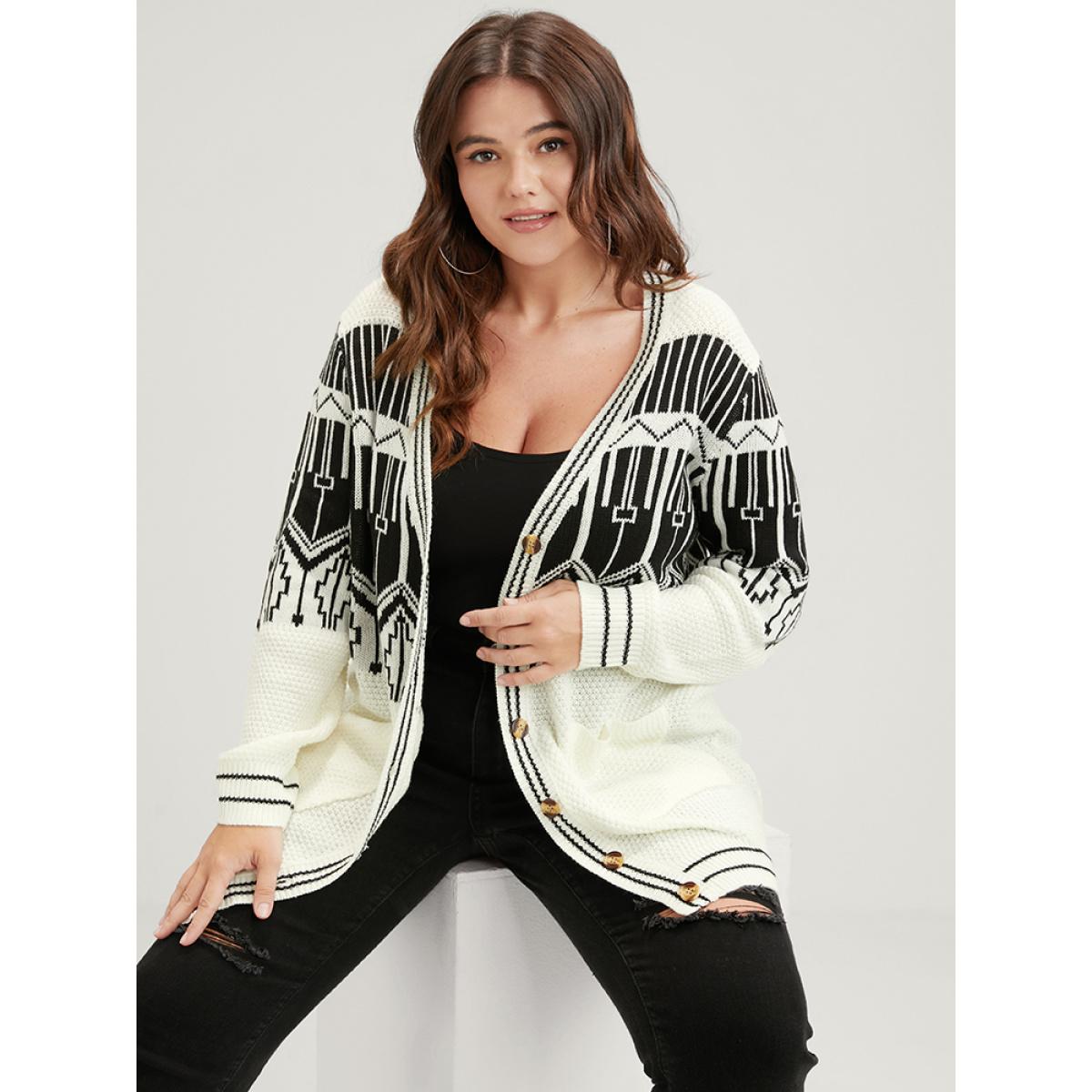 Plus Size Geometric Knitted Jacquard Contrast Pocket Button Front Cardigan White Women Elegant Loose Long Sleeve Dailywear Cardigans BloomChic 14-16/1X Product Image