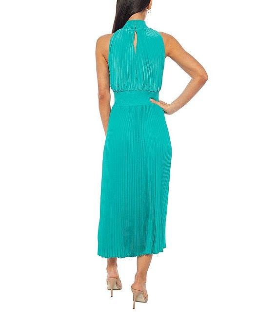 Marina Sleeveless Halter Mock Neck Smocked Pleated Crepe Chiffon A-Line Midi Dress Product Image