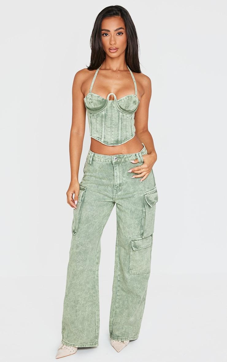Petite Washed Green Denim Seam Detail Corset Product Image